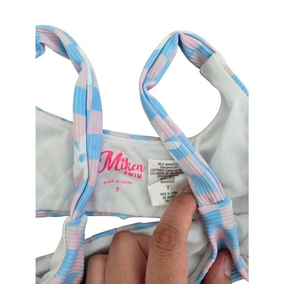 Miken Swimsuit Two Piece Size 7 checkered Blue Pink Daisy Print NEW - Picture 3 of 4